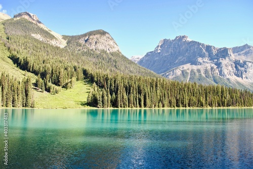 Emerald Lake panorama with Michael Peak and Wapta Mountain. Emerald Lake is located in Yoho National Park, British Columbia, Canada. It is the largest and most visited of Yoho's 61 lakes and ponds.