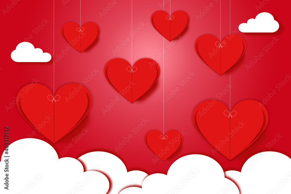 abstract romantic background of 3D hearts with clouds. Valentine's Day