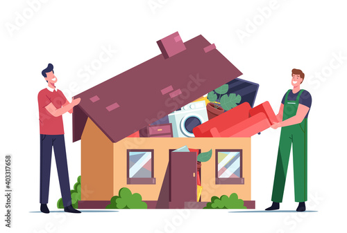 Overconsumption Concept. Characters Customer and Loader Loading Goods to Home Full of Useless Things Pop Up from Roof