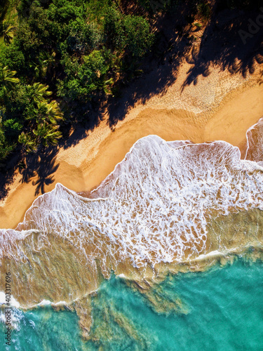 Topdown view tropical beach, waves and ocean, Guadeloupe, West indies, Antilles