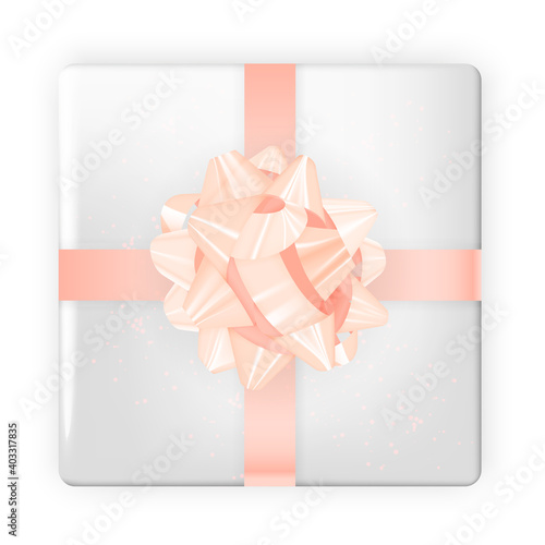 Realistic image. Colorful festive box with bow. Vector Illustration. EPS10
