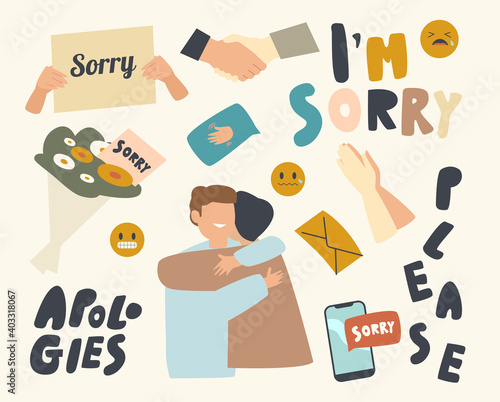 Set of icons Apologies Theme. Human Palms in Begging Gesture, Flower Bouquet, Hugging Friends and Handshake