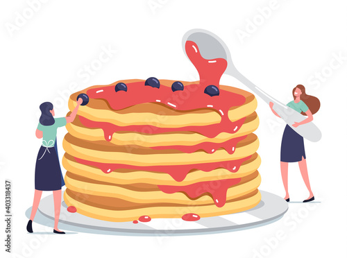 Tiny Female Characters Pouring Huge Stack of Fresh Hot Pancakes with Sweet Syrup and Decorate with Fresh Berries