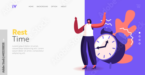 Rest Time Landing Page Template. Tiny Businesswoman Character Ignore Huge Alarm Clock Ring. Time Management