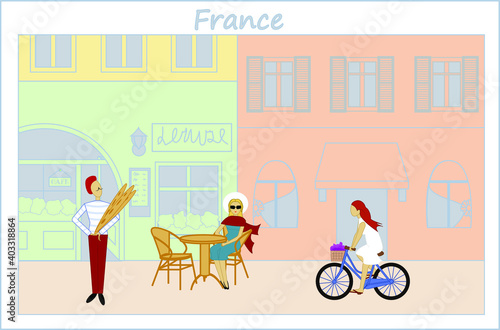 A simple image of a French street. Provence. Three people in the foreground. A man holding three baguettes. Lady sits at tables in a cafe. Young girl riding a bicycle. Vector illustration.