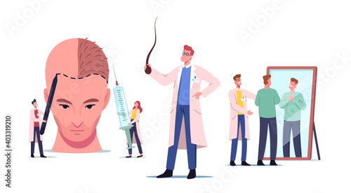 Plastic Surgery, Hair Receding, Loss Problem. Tiny Doctors around Huge Male Head Making Hair Transplantation Procedure