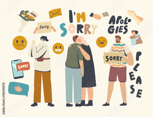 Male Female Characters Apologize. People Say Sorry, Hugging Each Other and Ask to Forgive for Mistake or Offensive Words