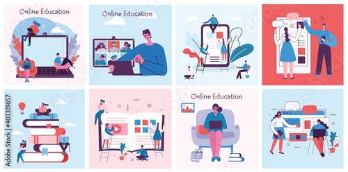 Webinar online concept illustration. Young man uses video chat on desktop and laptop to make conference.