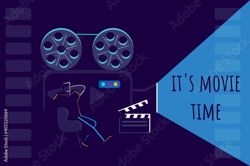 Movie time Vector concept flat on a blue background Man sitting on a chair watching a movie from a retro camera Cinema banner design template