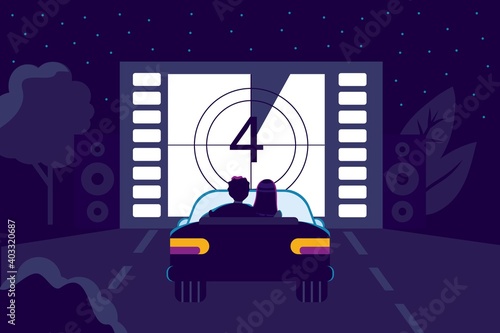 Drive-in movie theater with open air parking flat style Movies vector illustration Couple in love watching movie sitting in car Outdoor cinema in the night city