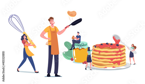 Tiny Male and Female Characters Cooking and Eating Homemade Pancakes. Man and Woman Wearing Aprons with Kitchen Tools