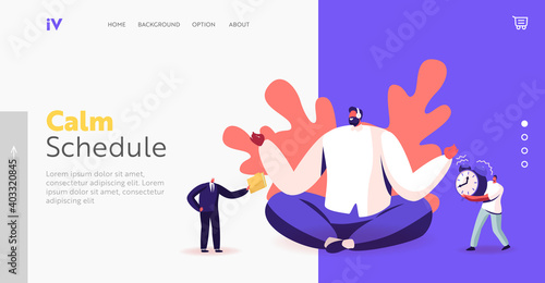 Calm Character Office Worker Meditating at Workplace Landing Page Template. Relaxed Businessman Doing Yoga in Office