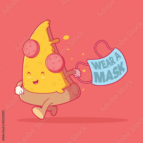 Pizza slice running with a mask vector illustration. Prevention, food, virus, protect design concept.