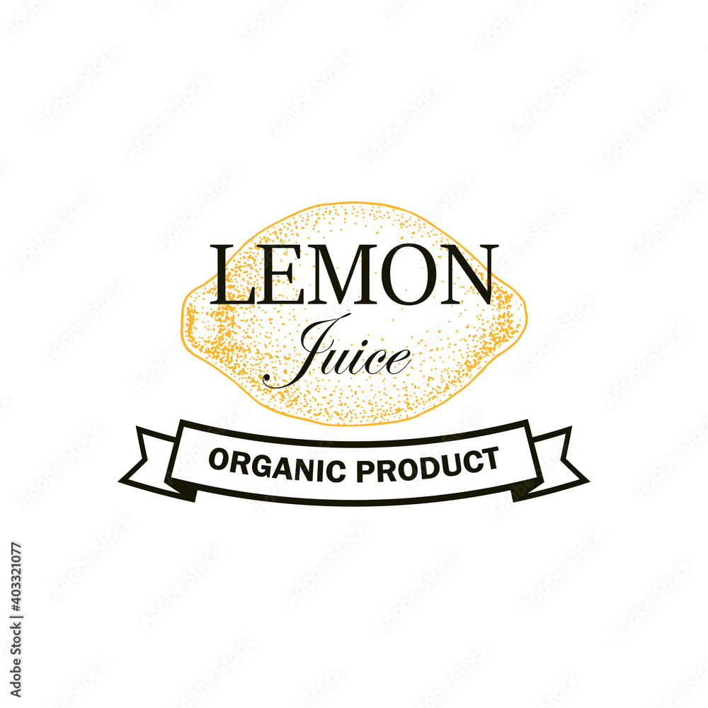 Lemon juice logo with hand drawn element isolated on white background. Vector illustration in vintage style