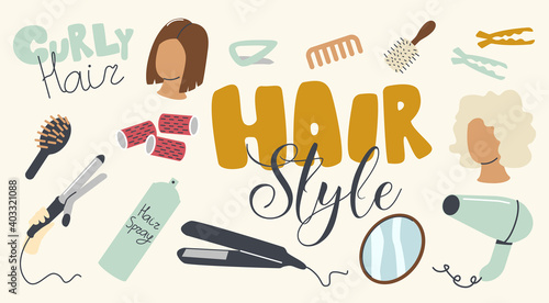 Set of Icons Hair Styling Theme. Curly Iron, Comb, Curlers or Female Head, Round Mirror, Fan, Barrette or Hair Spray