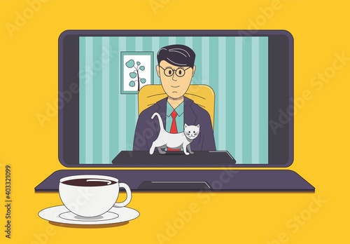 A man in a business suit is participating in a business conference from his home.