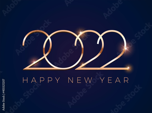 Luxury 2022 Happy New Year design greeting card - golden shine 2022 on dark blue background - vector