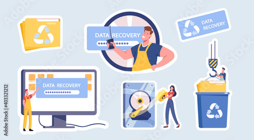 Data Recovery Service Isolated Stickers, Backup and Protection, Hardware Repair. Worker Characters Fixing Broken Pc