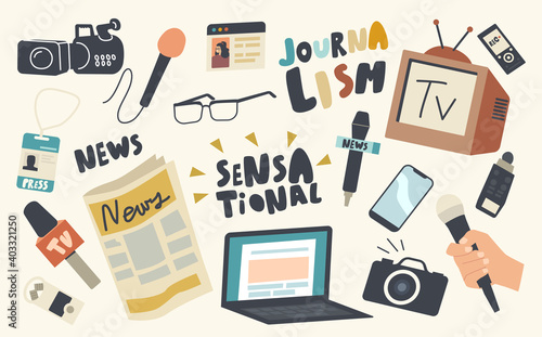 Set of Icons Journalistics Profession Theme. Microphone, Photo or Video Camera, Laptop and Newspaper, Tv Set, Eyeglasses