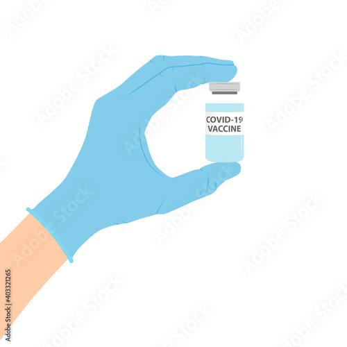 Hand in a medical glove holds a bottle with covid-19 vaccine. Vaccination Concept. Vector Illustration EPS10