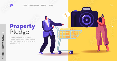 Characters in Pawn Shop Landing Page Template. Tiny Man with Golden Coins in Shopping Trolley Buying Photo Camera