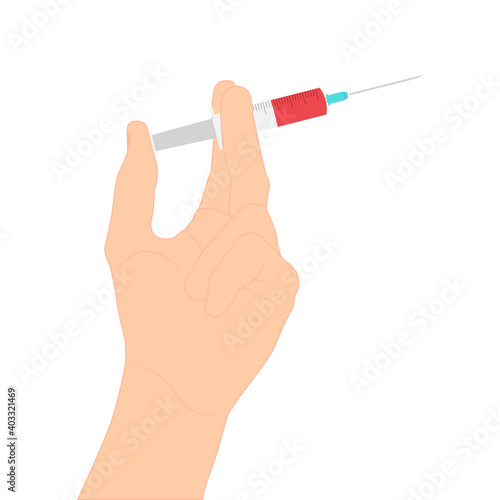 Hand holds a syringe with a vaccine. Vaccination Concept. Vector Illustration EPS10