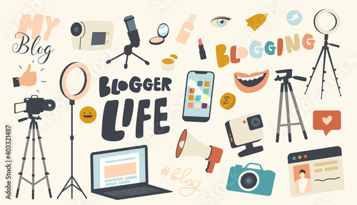 Set of Icons Blogger Life Theme. Video Camera, Light Equipment, Laptop and Photo Camera, Smartphone, Smiling Mouth