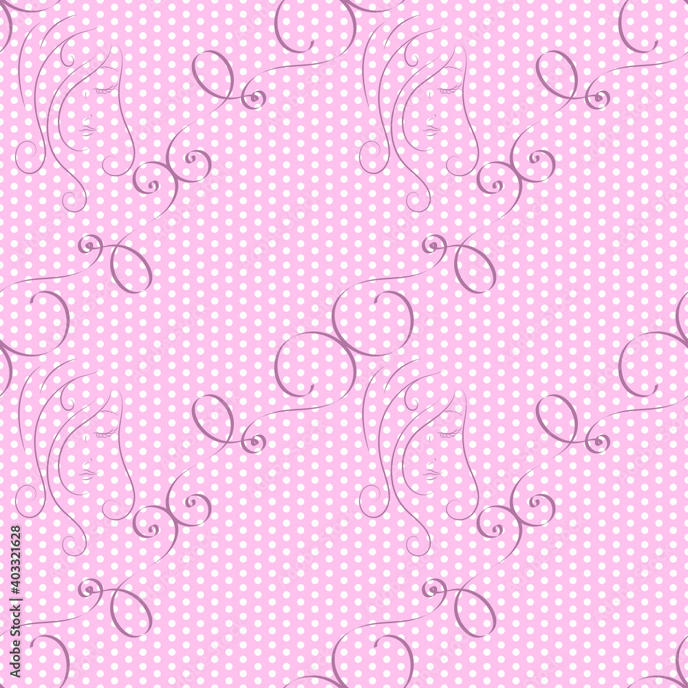 Seamless pattern with beautiful abstract young woman face and swirl pattern on pink background. Colored endless backdrop vector illustration for fabric, wallpaper, cloth, print, textile or backsplash	