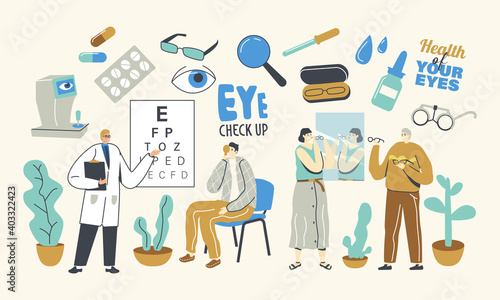 Professional Eyesight Diagnostics, Optician Exam Vision Treatment. Doctor Character Check Vision for Eyeglasses Diopter