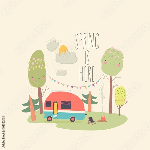 Little trailer standing in spring forest. Hello spring