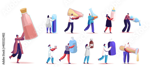 Set of People with Liquids in Bottles, Tubes and Flasks. Male and Female Characters Hold Medicine, Baby Milk, Reagents