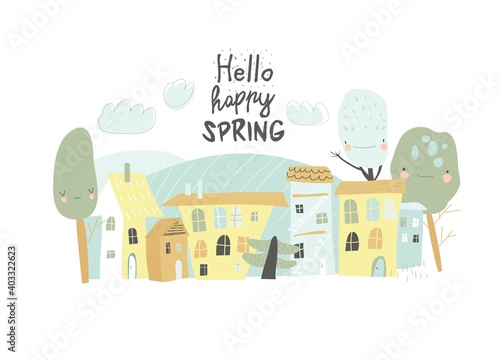 Cute little town with funny cartoon trees. Hello spring