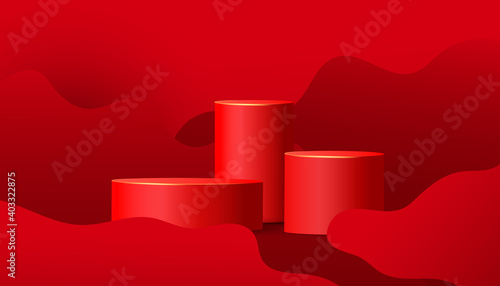 3d red podium vector background with wave shapes. Minimal scene. Horizontal minimal poster, flyer, greeting card, header for website