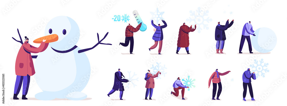 Set of People Playing with Snow. Tiny Male and Female Characters Making Snowman, Holding Huge Snowflakes, Winter Fun