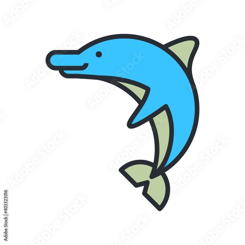 Dolphin icon in flat style. Aqua park concept, marine mammal icon.