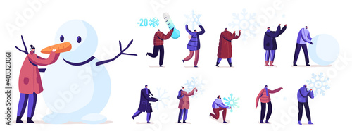 Fototapeta Naklejka Na Ścianę i Meble -  Set of People Playing with Snow. Tiny Male and Female Characters Making Snowman, Holding Huge Snowflakes, Winter Fun