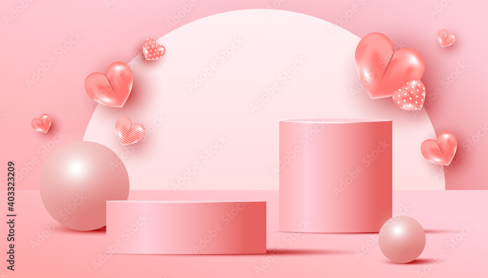 Minimal abstract mock up scene with podium or platform, air flying geometric bubble and love shapes on pink background. Minimal scene with geometrical forms for product presentation Minimal abstract mock up scene with podium or platform, air flying geometric bubble and love shapes on pink background. Minimal scene with geometrical forms for product presentation