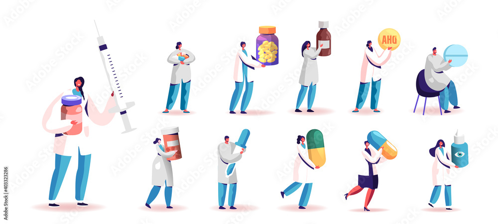 Fototapeta premium Set of People in Doctor Uniform with Medic Tools and Medicine. Tiny Male and Female Characters Holding Huge Pills