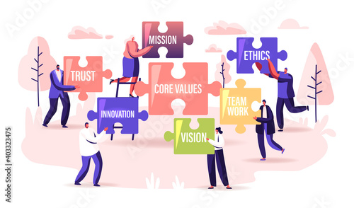 Core Values Concept. Tiny Businesspeople Characters Holding Huge Puzzle Pieces with Basic Social and Business Principles