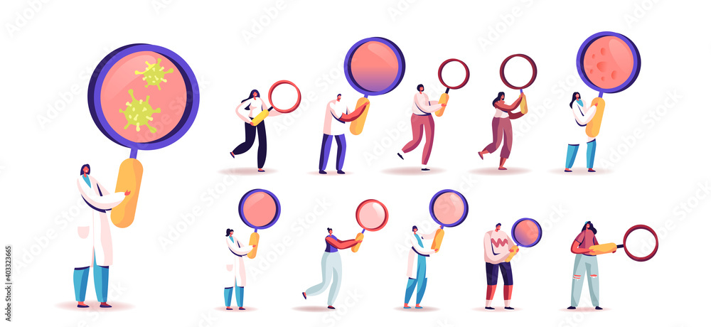 Set of People with Magnifying Glass. Tiny Male and Female Characters Holding Huge Magnifier for Information Research Set of People with Magnifying Glass. Tiny Male and Female Characters Holding Huge Magnifier for Information Research