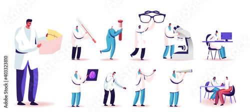 Set of People in Doctor Uniform with Medic Tools and Medicine. Tiny Male and Female Characters Holding Huge Glasses