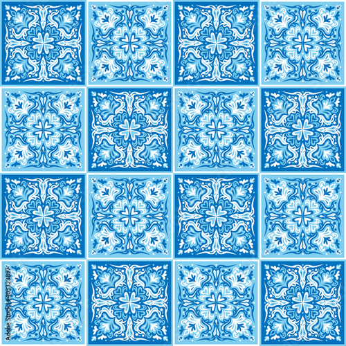 Seamless ornamental tile background. Blue and white colors on tiles mosaic. Ceramic tiles