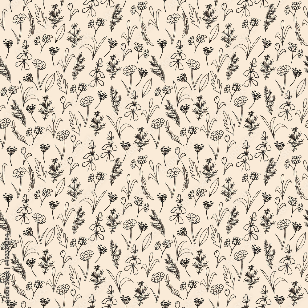 Fototapeta premium Herbal seamless patten on set sail champagne color background. Modern and elegant design, perfect for fabric, textile, wallpapers, wrapping paper. Hand-drawn herbs and tiny flowers.