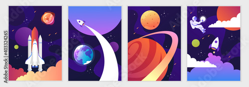 Space shuttle and universe. Colorful planets, rocket, galaxy and universe. Set of cartoon space backgrounds. Vector modern illustration. Templates for flyers, banners, cards, covers, frames, poster.