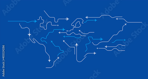 Flying airplanes world map abstract vector background - flying white airplanes routes on blue background - Air travel concept - line art illustration 