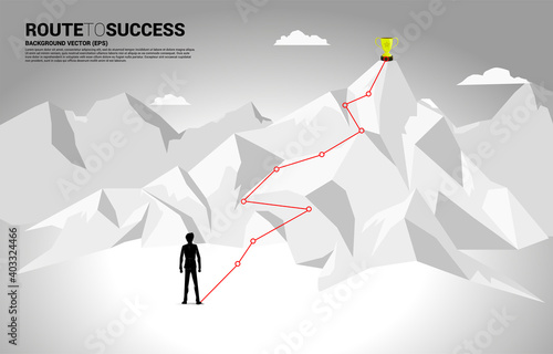 Businessman and Route to the top of mountain: Concept of Goal, Mission, Vision, Career path, Vector concept Polygon dot connect line style