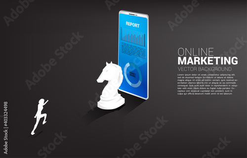 businessman running to knight chess and mobile phone. concept background for online marketing and strategy