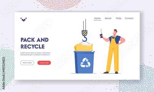 Data Recovery Service, Backup and Protection Landing Page Template. Tiny Worker Character Managing Construction Crane