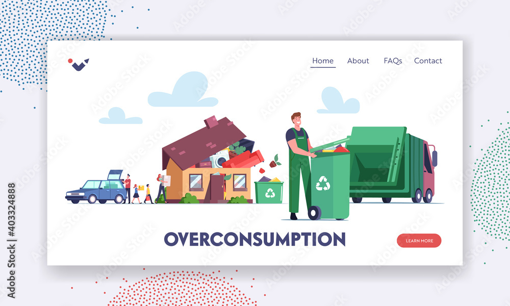 Fototapeta premium Overconsumption Landing Page Template. Family or Customers Characters Load Goods from Car to Home Full of Useless Things