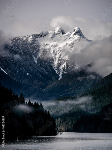 Photography Lions peak mountain in the fog